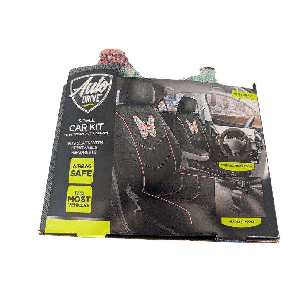 Auto Drive 5 Piece Car Kit Butterfly Seat Covers Steering Wheel Cover Black